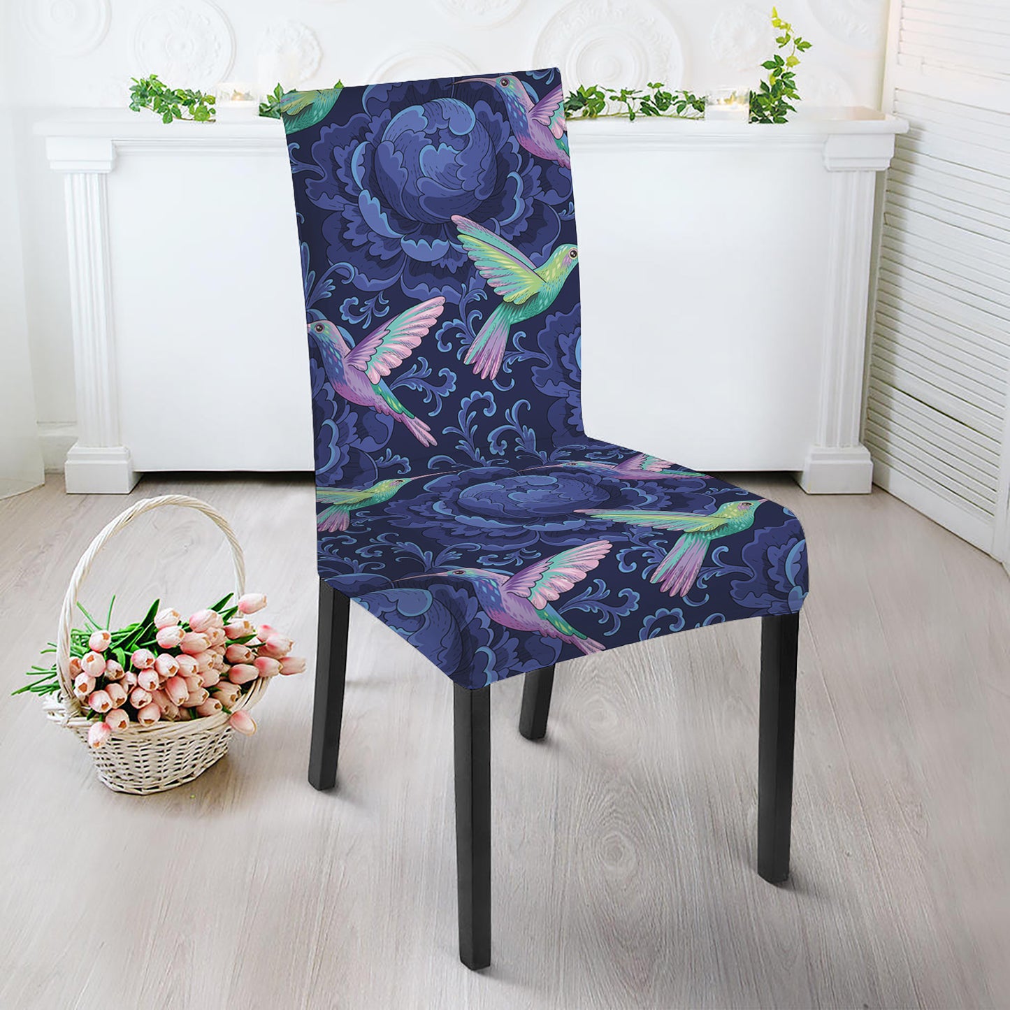 Dark Blue Floral Hummingbird Print Dining Chair Slipcover