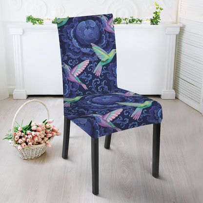 Dark Blue Floral Hummingbird Print Dining Chair Slipcover
