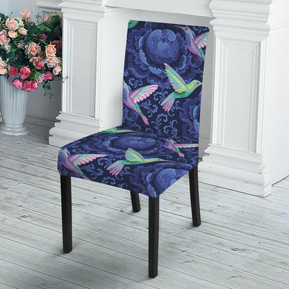 Dark Blue Floral Hummingbird Print Dining Chair Slipcover