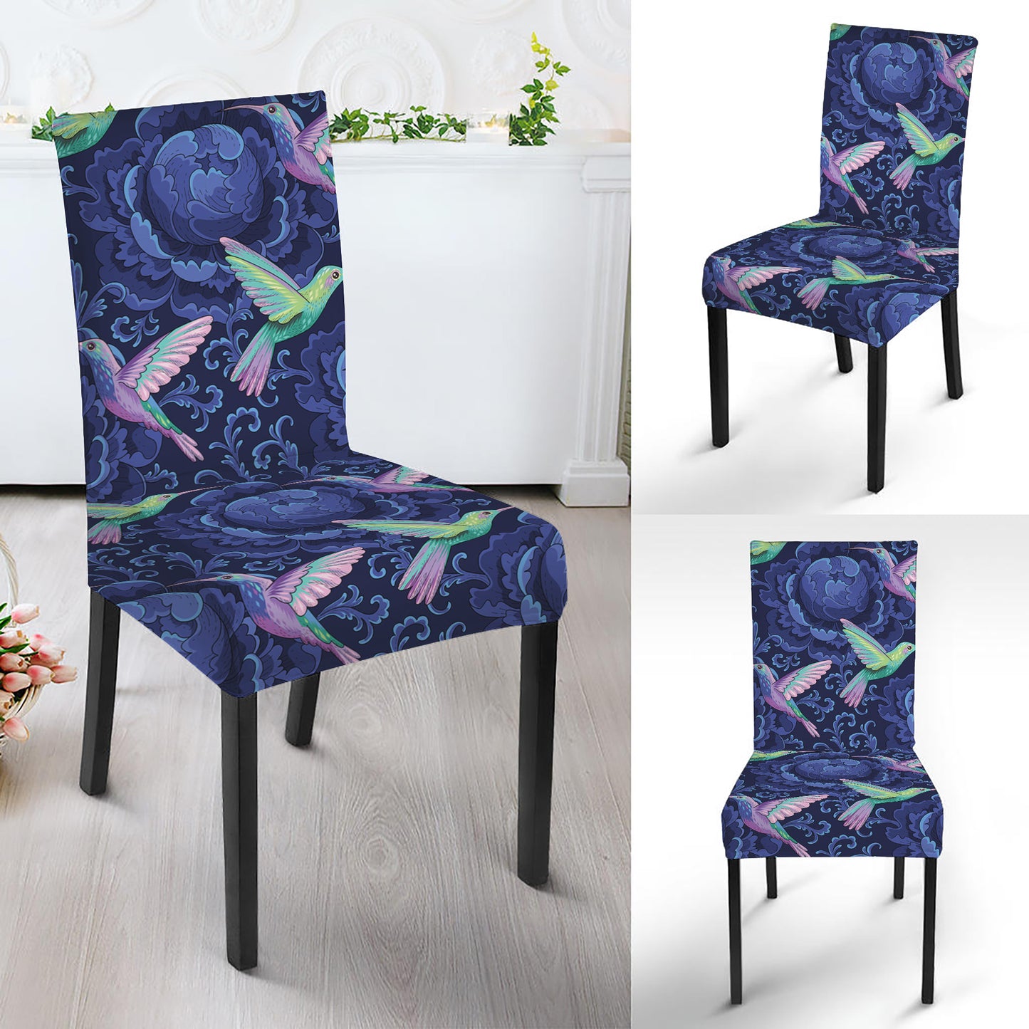 Dark Blue Floral Hummingbird Print Dining Chair Slipcover