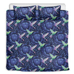 Dark Blue Floral Hummingbird Print Duvet Cover Bedding Set