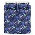 Dark Blue Floral Hummingbird Print Duvet Cover Bedding Set