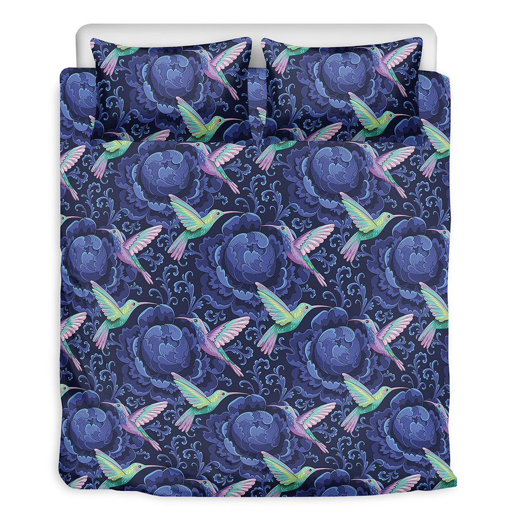 Dark Blue Floral Hummingbird Print Duvet Cover Bedding Set