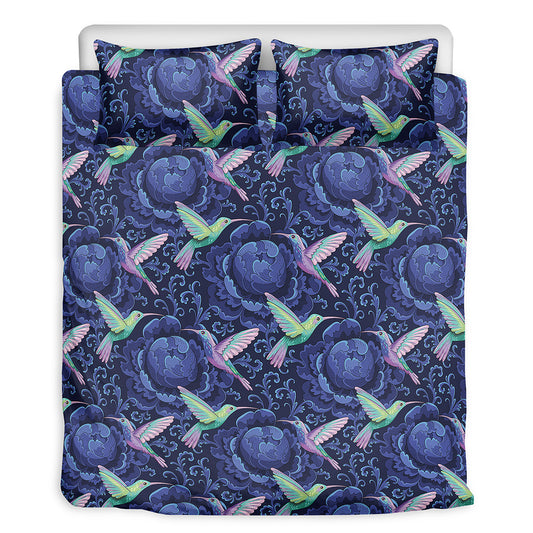 Dark Blue Floral Hummingbird Print Duvet Cover Bedding Set
