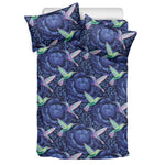 Dark Blue Floral Hummingbird Print Duvet Cover Bedding Set