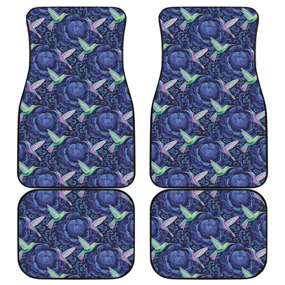 Dark Blue Floral Hummingbird Print Front and Back Car Floor Mats