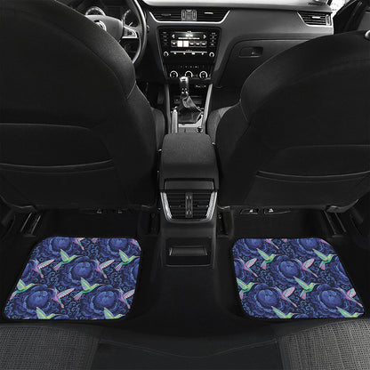 Dark Blue Floral Hummingbird Print Front and Back Car Floor Mats