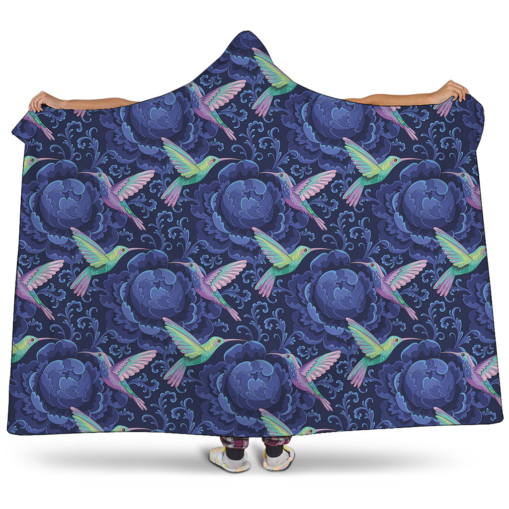 Dark Blue Floral Hummingbird Print Hooded Blanket