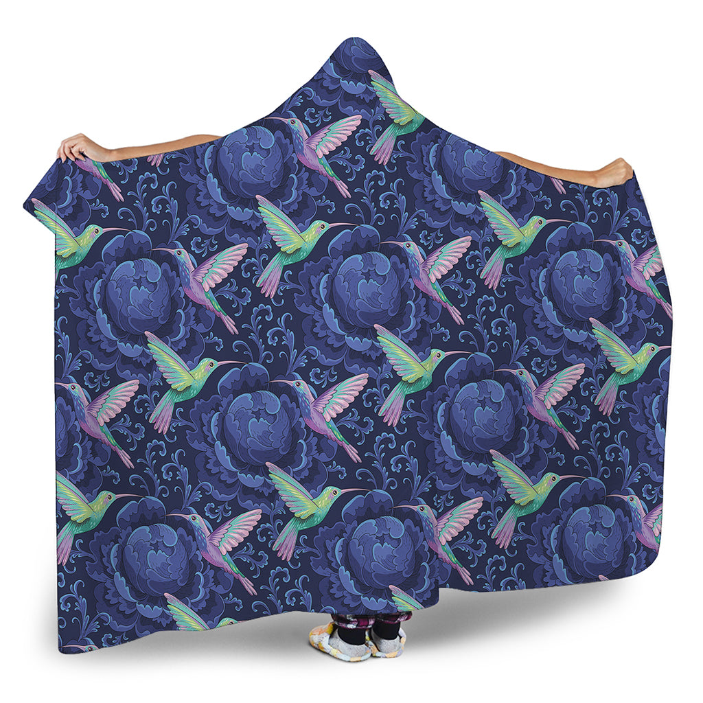 Dark Blue Floral Hummingbird Print Hooded Blanket