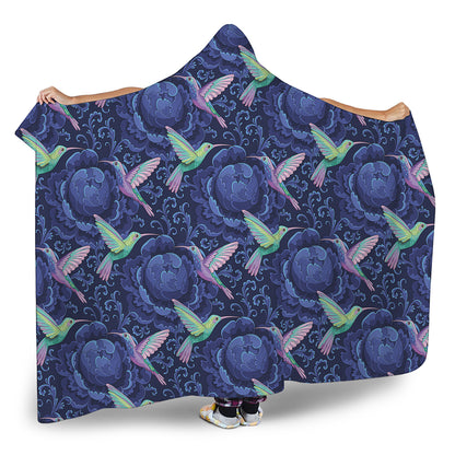 Dark Blue Floral Hummingbird Print Hooded Blanket