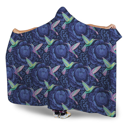 Dark Blue Floral Hummingbird Print Hooded Blanket