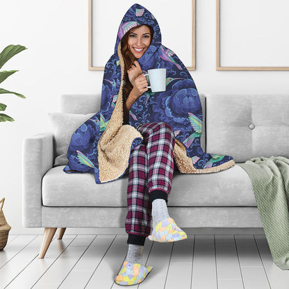 Dark Blue Floral Hummingbird Print Hooded Blanket
