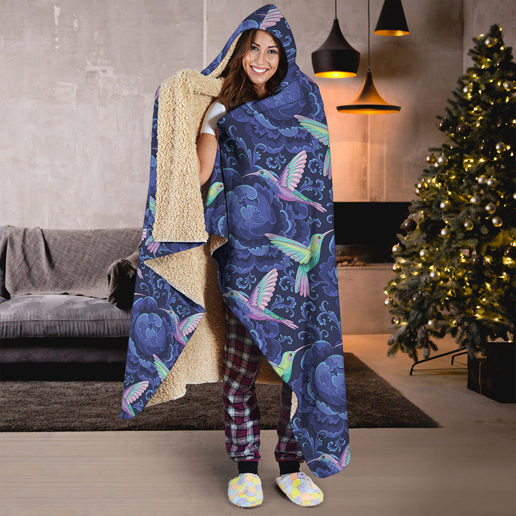 Dark Blue Floral Hummingbird Print Hooded Blanket
