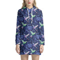 Dark Blue Floral Hummingbird Print Pullover Hoodie Dress