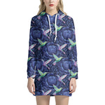 Dark Blue Floral Hummingbird Print Hoodie Dress