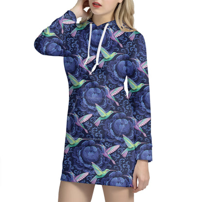 Dark Blue Floral Hummingbird Print Hoodie Dress