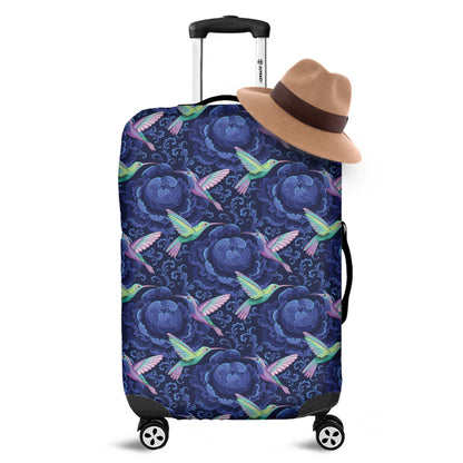 Dark Blue Floral Hummingbird Print Luggage Cover
