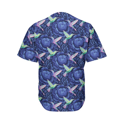 Dark Blue Floral Hummingbird Print Men's Baseball Jersey