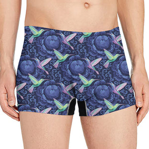 Dark Blue Floral Hummingbird Print Men's Boxer Briefs