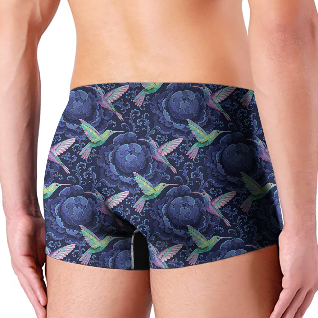 Dark Blue Floral Hummingbird Print Men's Boxer Briefs