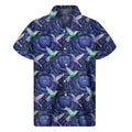 Dark Blue Floral Hummingbird Print Men's Short Sleeve Shirt