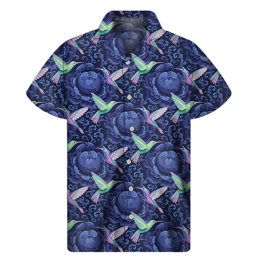 Dark Blue Floral Hummingbird Print Men's Short Sleeve Shirt