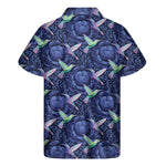 Dark Blue Floral Hummingbird Print Men's Short Sleeve Shirt