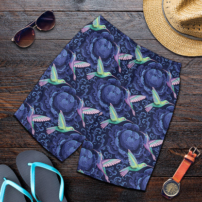 Dark Blue Floral Hummingbird Print Men's Shorts