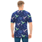 Dark Blue Floral Hummingbird Print Men's T-Shirt