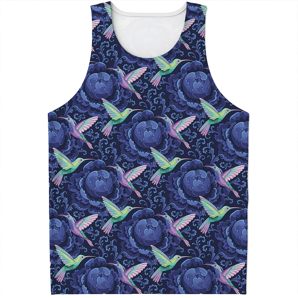 Dark Blue Floral Hummingbird Print Men's Tank Top