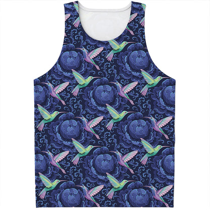 Dark Blue Floral Hummingbird Print Men's Tank Top