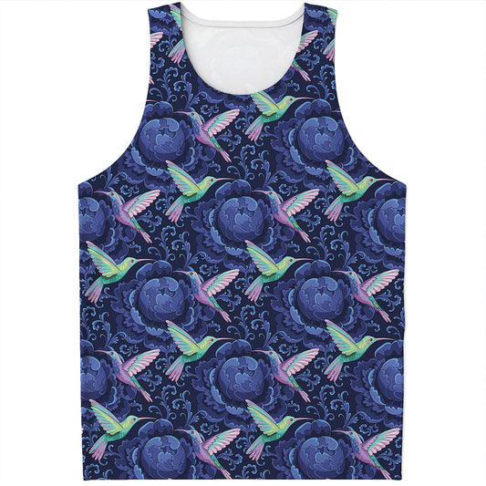 Dark Blue Floral Hummingbird Print Men's Tank Top