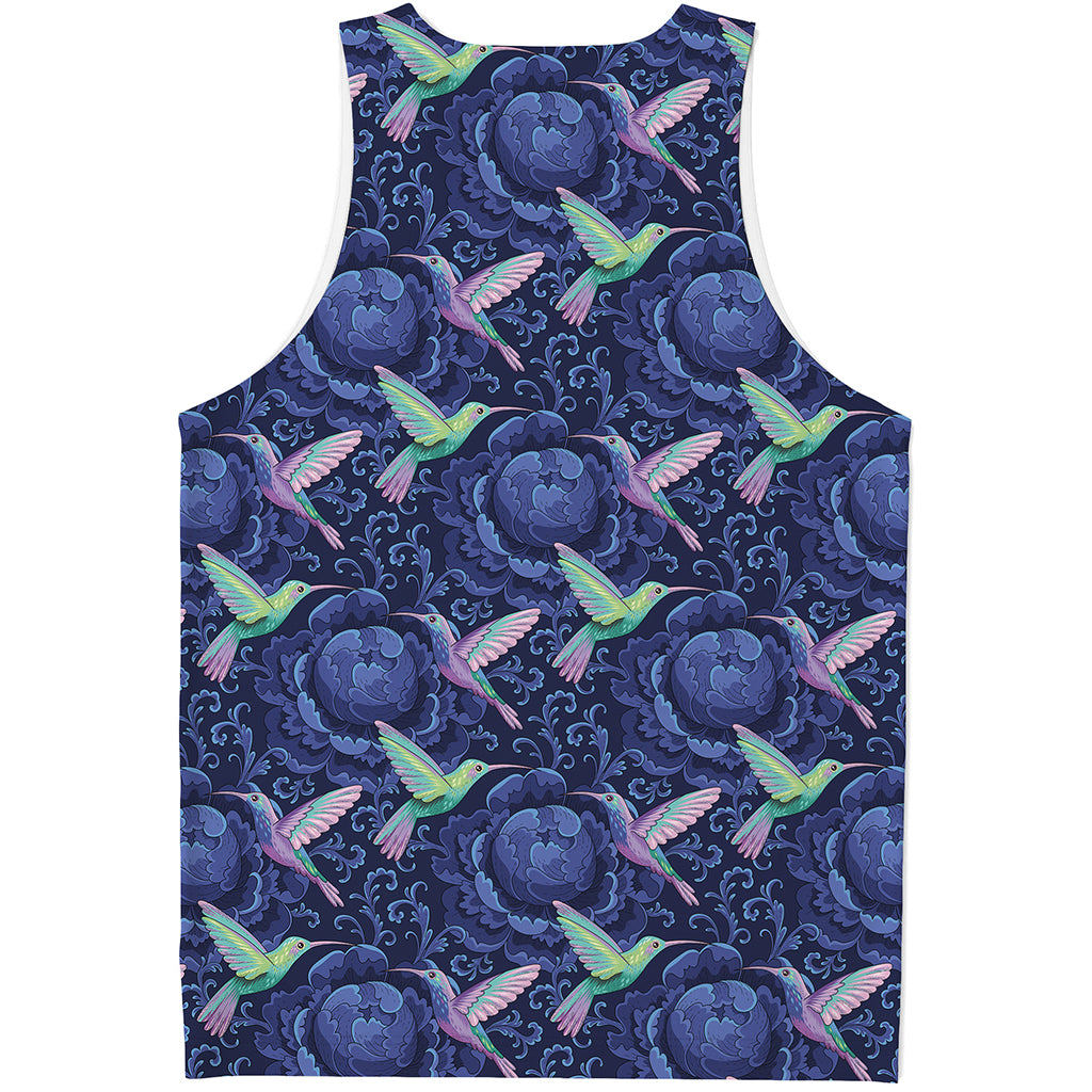 Dark Blue Floral Hummingbird Print Men's Tank Top