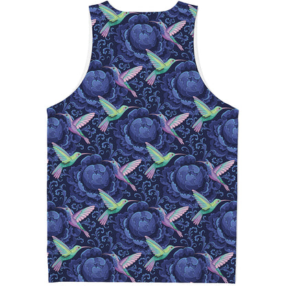 Dark Blue Floral Hummingbird Print Men's Tank Top