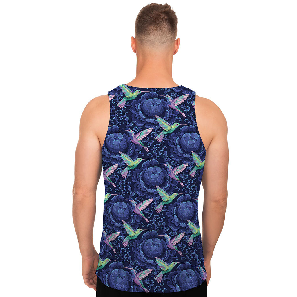 Dark Blue Floral Hummingbird Print Men's Tank Top