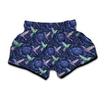 Dark Blue Floral Hummingbird Print Muay Thai Boxing Shorts