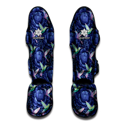 Dark Blue Floral Hummingbird Print Muay Thai Shin Guard