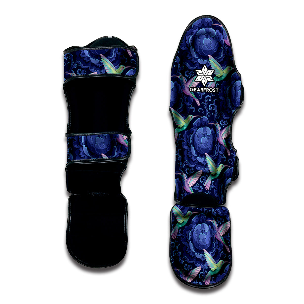 Dark Blue Floral Hummingbird Print Muay Thai Shin Guard