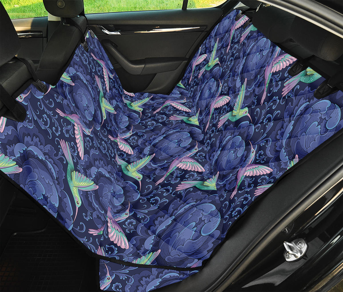 Dark Blue Floral Hummingbird Print Pet Car Back Seat Cover
