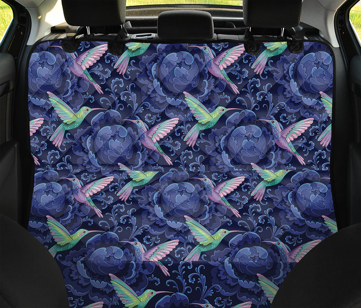 Dark Blue Floral Hummingbird Print Pet Car Back Seat Cover