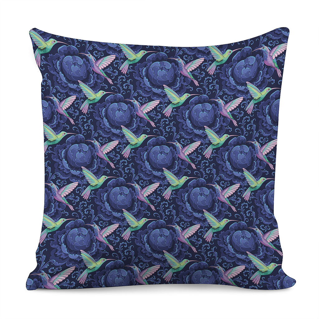 Dark Blue Floral Hummingbird Print Pillow Cover