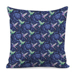 Dark Blue Floral Hummingbird Print Pillow Cover