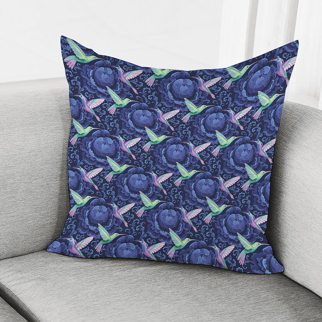 Dark Blue Floral Hummingbird Print Pillow Cover