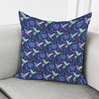 Dark Blue Floral Hummingbird Print Pillow Cover