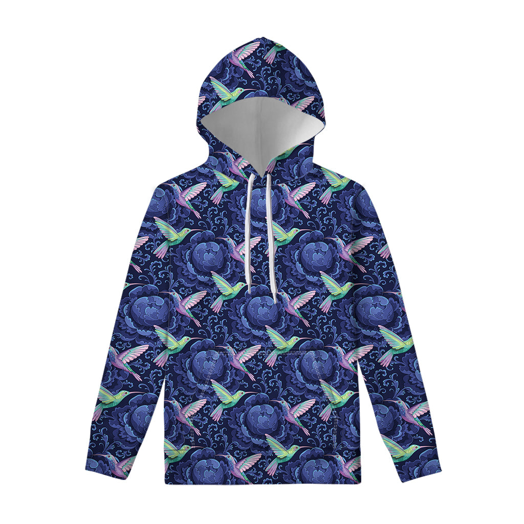 Dark Blue Floral Hummingbird Print Pullover Hoodie