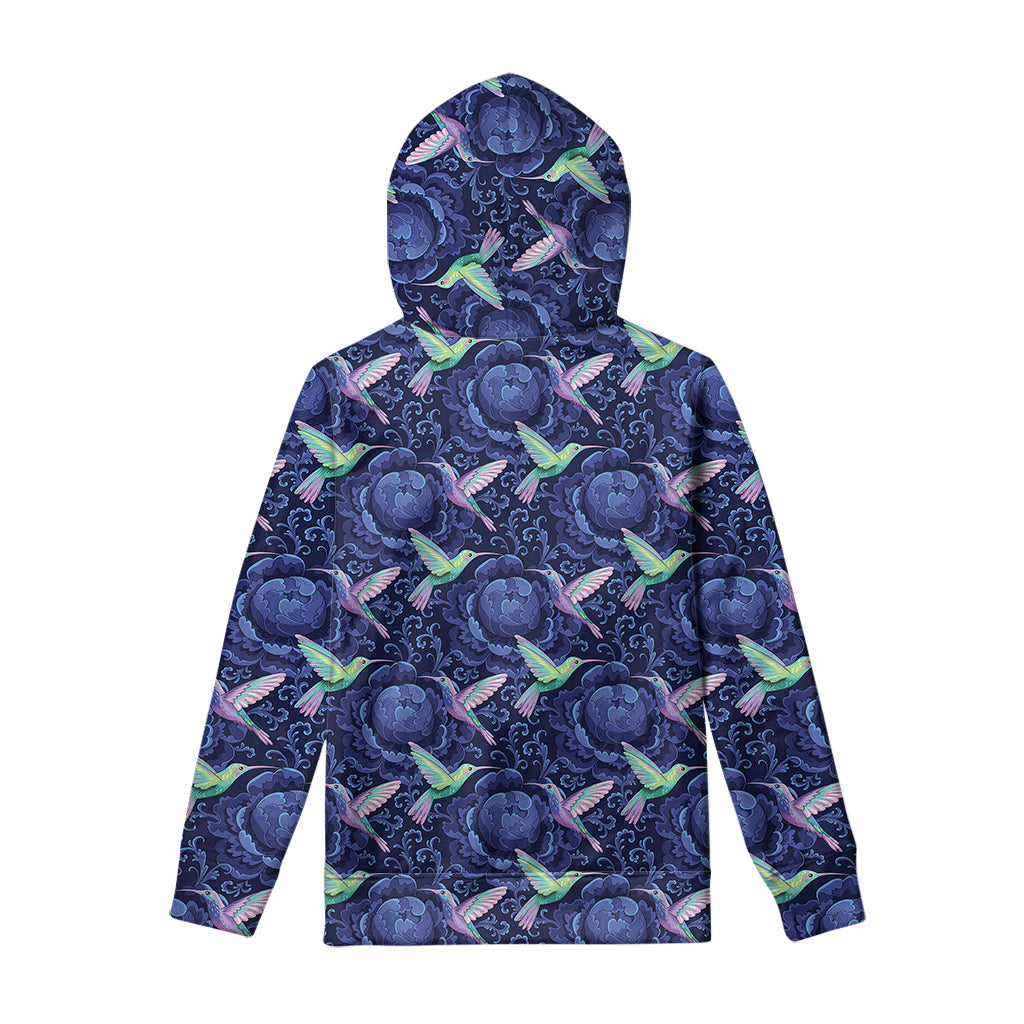 Dark Blue Floral Hummingbird Print Pullover Hoodie
