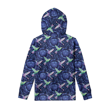 Dark Blue Floral Hummingbird Print Pullover Hoodie