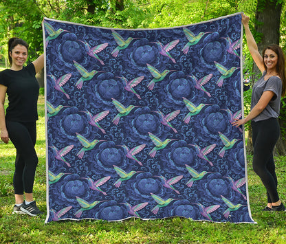 Dark Blue Floral Hummingbird Print Quilt