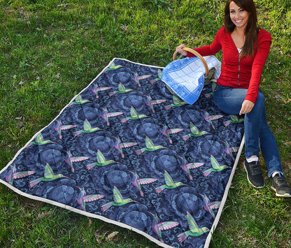 Dark Blue Floral Hummingbird Print Quilt