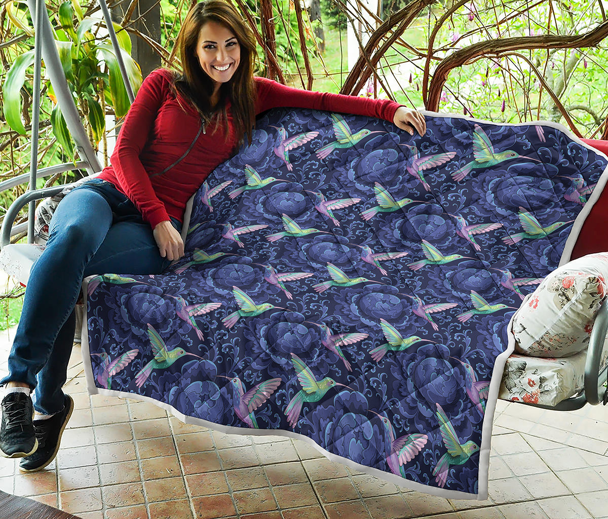 Dark Blue Floral Hummingbird Print Quilt